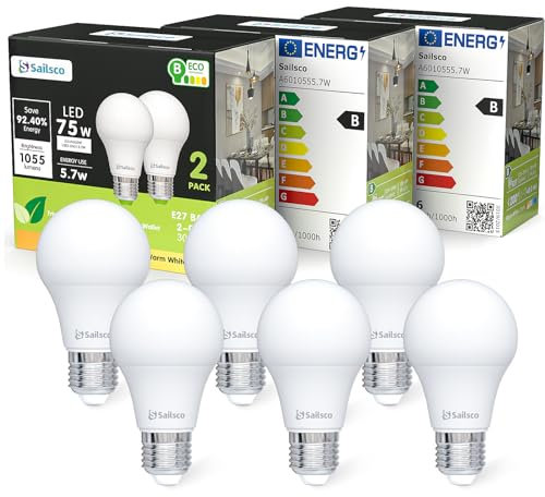 sailsco Classe B Lampadine LED E27,5.7W Equivalente a 75W Incandescenza,1055 Lumen, 2700K Bianco Caldo,Risparmio Energetico LED A60,Lunga Durata,Basso Consumo,Non Dimmerabile,6 Pezzi