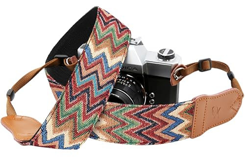 Padwa Lifestyle Camera Strap - 2 Cowhide Head Camera Straps for Photographers,Vintage Jacquard Embroidery Woven Cotton Adjustable Shoulder Neck Straps for Cameras,Binoculars（Cool Ethnic Style Waves）
