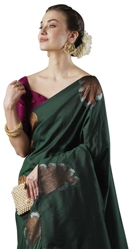 AKHILAM Women's Banarasi silk Ethnic Motif Printed Saree With Unstitched Blouse Piece(22PAKHI2201_NT_Parent), Green, One Size