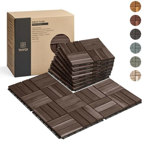 THYOI Lot de 10 carreaux de terrasse emboîtables en bois d'acacia imperméables pour intérieur et extérieur, jardin, balcon (joint carré, expresso)
