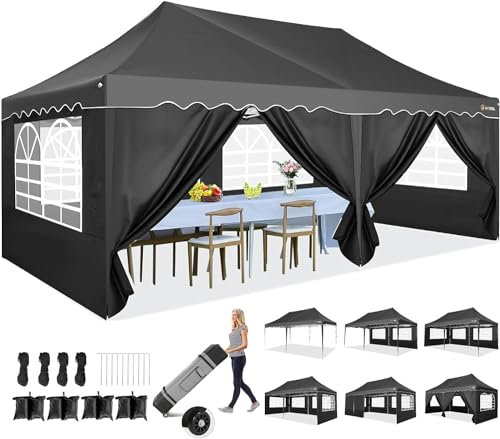 HOTEEL Pavillon 3x6 Wasserdicht Stabil Winterfest Faltpavillon 3x6 Mit 6 SeitenwäNden Partyzelt 3x6 Uv-Schutz 50+,Aufbewahrungstasche Mit Rollen,FüR Party Outdoor Garten Hochzeit,Camping,Markt,Schwarz