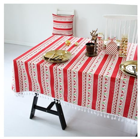 Epinki Tischdecke, Rot Tischtücher Weihnachten Schneeflocke Hirsche mit Quaste Leinen, Tischtuch Biertisch Abwaschbar für Esszimmer, Garten, Party, Hochzeiten oder Haushalt, 140x240CM
