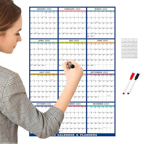Calendario de borrado en seco 2025 - Planificador de pared anual | Calendario mensual borrable grande, calendario de pizarra reutilizable, organización del hogar y la oficina, planificador de calendar