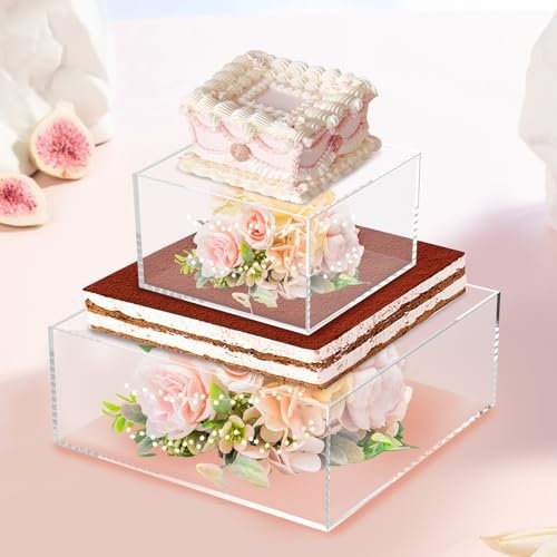 Sutowe 2Pcs Fillable Cake Stand with String Light Acrylic Cake Display Stand 15cm+25cm Square Cake Display Boxes Cake Riser Stackable Tabletop Base Dessert Tier Pillar for Anniversaries Wedding Party