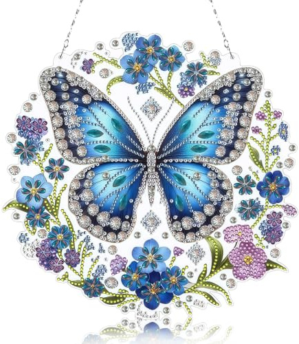 Zamety Diamond Painting Fensterbilder, 5D Diamond Painting Schmetterling | Diamant Crystal Anhänger mit Kette für Erwachsene Kinder, Bastelset Kinder für Fenster Wand Eingang Decor