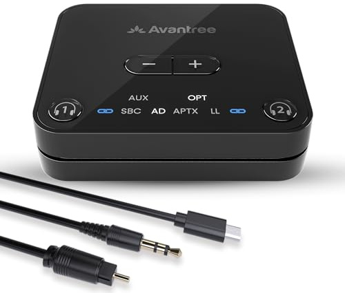 Avantree Audikast 3 – Émetteur Bluetooth 5.3 pour TV avec Port de Sortie Audio Optique ou AUX, aptX-Adaptive, Transmetteur Adaptateur Audio sans Fil pour Casque