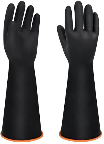 18 Chemical Resistant Black Rubber Gloves, Reusable Heavy Duty Long Waterproof Drain Cleaning Gloves, Resist Strong Acid, Alkali and Oil for Household Industry, Non-Slip Safety Work Gauntlet, 1 Pair