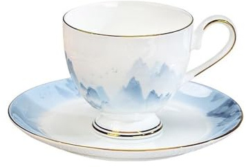 Tasses Ensemble de tasses à café et soucoupes de haute qualité, bord doré dessiné à la main, tasses à thé en porcelaine d'os de qualité supérieure, service à thé avec peinture à l'encre chinoise Tasse