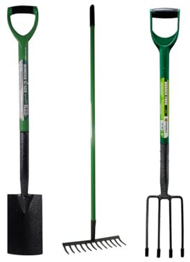 3 Piece Garden Digging Spade, Border Fork & Lawn Rake - Gardening Soil Weed Farm Set Handle | Heavy Duty Carbon Steel | Cultivating All Types Of Soil | Lawn Raking, Spading & Planting - 3pc