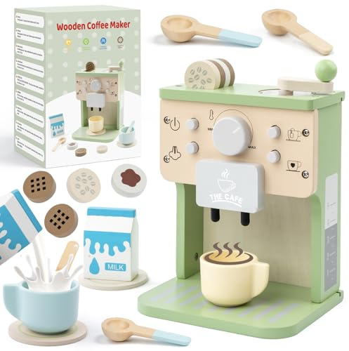 FMSKS Machine à Café Jouet en Bois avec Son pour Enfant, Jeu de Rôle Cuisine Montessori et Éducatif, 3+ Ans 10 Pièces