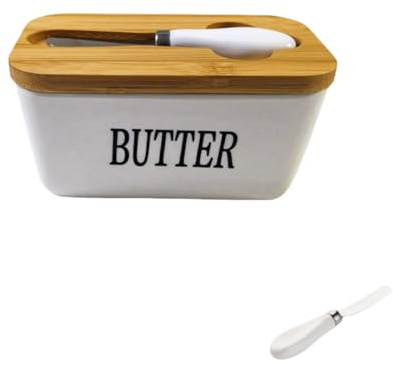 Ceramic Butter Dish with Wooden Lid, Porcelain Butter Dish Container with Air-Tight Seal Lid and Stainless Steel Butter Knife - Large Butter Container Porcelain for Butter , Cheese , Storage