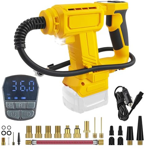 Gonfleur de pneu sans fil pour batterie DeWalt 18 V (sans batterie), compresseur d'air portable avec manomètre numérique et lumière LED, 120 PSI max pour voiture, moto, vélo (avec accessoires)