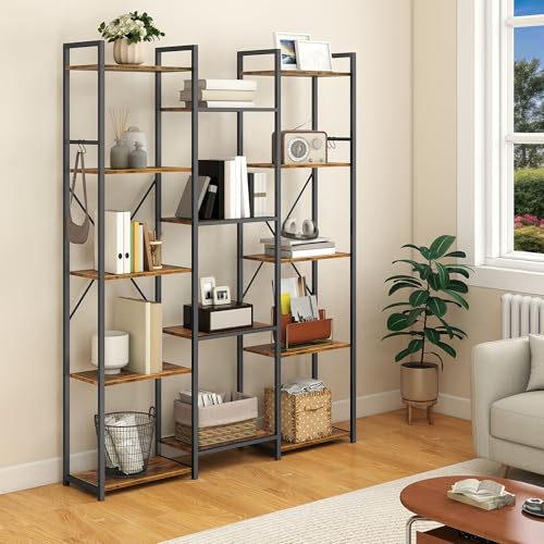 YITAHOME Industrielles Bücherregal 135 cm breit, Stehend Offen Aus Holz Und Metallrahmen Mit 14 Regalen, Präsentationsregal Für Wohnzimmer, Heimbüro, Vintagebraun
