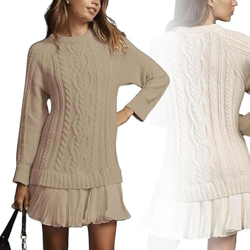 Generico Miniabito da Donna con Maglia a trecce e Collo Rotondo, Abito con Maglia a trecce e Gonna a Pieghe, Grossa, Maniche Lunghe, Caldo ed Elegante per l'autunno/Inverno (Marrone Chiaro,S)