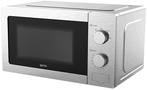 Igenix 20L 800W Stainless Steel Manual Microwave – 5 Power Levels, Defrost Setting, 35-Min Timer, Push Button Door, 255mm Turntable – IGMS02081SS
