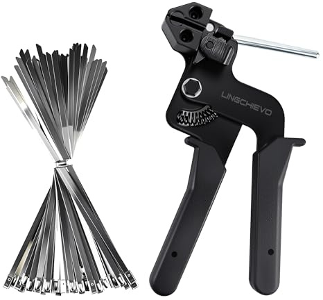 Lingchievo Metal Zip Tie Gun with 100 PCS 11.7inch(300mm) Stainless Steel Zip Ties,Heavy Duty Zip Tie Tool for Fastening and Cutting Cable Ties,Chain Link Fence Parts for Fence Exhaust Pipe Outdoor