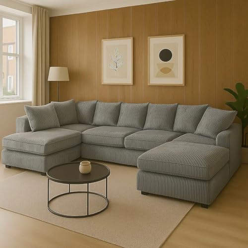 SofaHeaven - Grey Jumbo Cord U-Shaped Cord Sofa - Large Modular Sofa with Memory Foam Seating & Removable Cushion Covers - Seats 6-7 People - Ideal U-Shape for Living Room