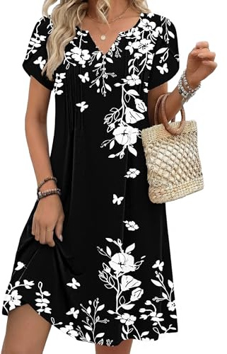 Zeagoo Womens Summer Dress Floral Elegant V-Neck Short Sleeve Dresses A-Line Swing Pleated Dress with Pockets Black White Flowers L