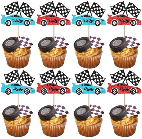 Xsstarmi 24 Pack Race Car Cupcake Toppers Red Blue Glitter Flag Racing Theme Birthday Cupcake Picks for Favors Birthday Party Cake Decorations Supplies