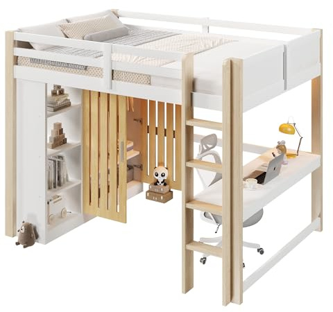 Azkoeesy Letto a soppalco in legno di pino con LED, scrivania, armadio, scaletta, ringhiera di sicurezza e doghe, per adolescenti e ragazze, colore bianco (140x200 cm)