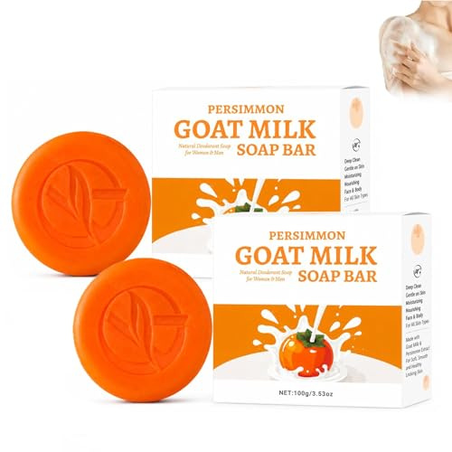 Jabón de caqui para personas mayores, jabón de leche de cabra y caqui, set de jabón y gel de baño de caqui, pastilla de limpieza profunda para rostro y cuerpo (2 unidades)