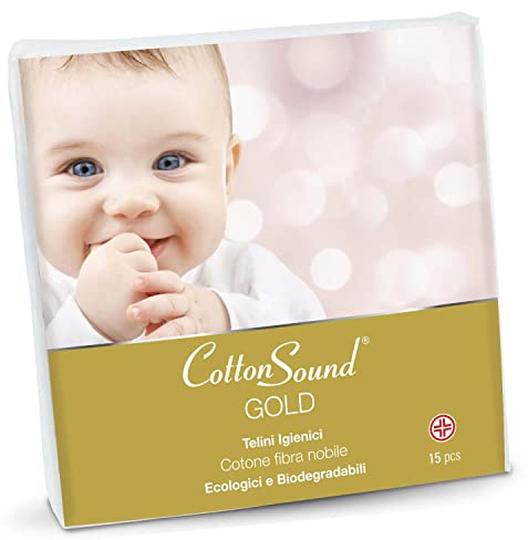 COTTON SOUND GOLD BABY Telini Igienici 15 Pezzi, Bambini, 100% Cotone Idrofilo, 40 x 80 cm, Ipoallergenici e Biodegradabili, Dermatologicamente Testati, Made in Italy