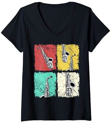Femme Saxophone Player Men Retro Saxophonist Jazz Music Saxophone T-Shirt avec Col en V