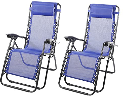 The Secret Home - Set de 2 Tumbonas Gravedad Cero con Reposabrazos Plegables - Hamaca Multiposiciones de Metal con Cojín Reposacabezas Ajustable - Ideal para Playa, Jardín, Terraza (Azul)