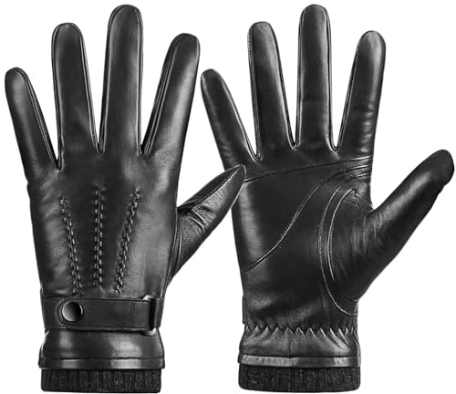 Potopok Winter Sheepskin Leather Gloves for Men, Warm Touchscreen Driving Handwear with Soft Cashmere Lining for Outdoor Use(Black-M)