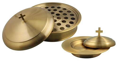 Communion Ware Holy Wine Serving Tray with A Lid & A Stacking Bread Plate with A Lid - Stainless Steel (Brass/Gold)