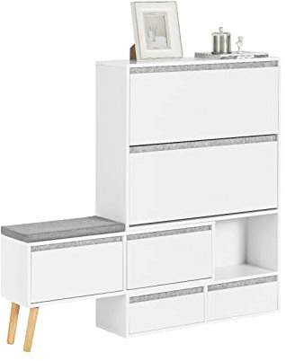 SoBuy FSR134-W Schuhkipper Schuhablage mit 2 Klappen, 2 Türen und 2 Schubladen Flurschrank Schuhschrank mit Sitzbank Schuhbank mit Sitzfläche BHT ca.: (92-124) x126x24cm