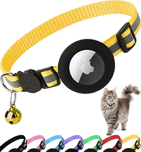 Dgerp Collier Chat Airtag Anti-étranglement avec étui Airtag (Jaune) | Collier pour Chat Réflecteur avec étui Airtag et clochette,pour Toutes Les Tailles de Chats, Large de 1 Centimètres et Léger