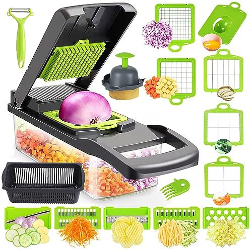 Picador de verduras, picador de cebolla profesional, multifuncional 19 en 1 para cortar alimentos con 12 cuchillas, cortador de dados de cocina, espiralizador, exprimidor de limón, cortador de huevos