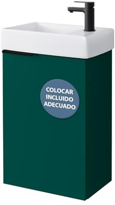 Planetmöbel Mobile lavabo con mobiletto da 40 cm, set di mobili da bagno con lavandino, per piccoli bagni, WC, ospiti, verde bosco (con rubinetto nero opaco)