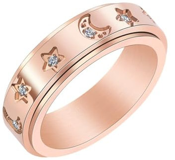 Aotiwe Knuckle Ring, Zarter Ring Damen Sternmond Drehbar Rosegold mit Weiß Rundschliff Zirkonia aus Edelstahl Größe 52 (16.6)