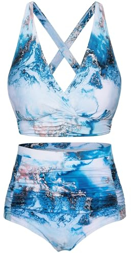 Voqeen Mujer Bikinis Reductor Barriga Cintura Alta Traje de Baño 2 Piezas Push Up con Relleno Conjuntos de Bikinis de Playa Bañadores de Natacion Cuello en V Bikini Top y Braga Ajustable