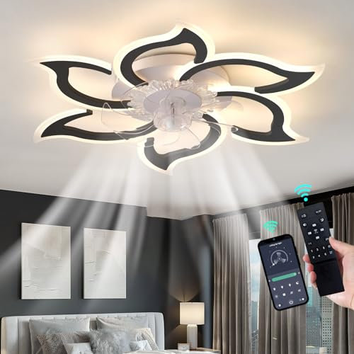 Luyaim 83CM Lampadario A Ventola Da Soffitto Con Telecomando Motore DC Silenzioso Bianco Moderno Floreale 6 Velocità Dimmerabile Lampadari Con Ventilatore Design Per Camera Da Letto Soggiorno-Black