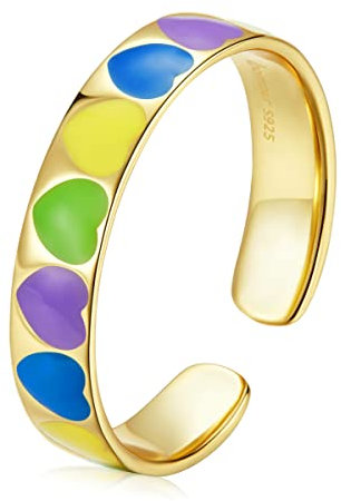 Halskette Damen,Vergoldete Ringe, buntes Schmetterlings- und Herzmuster, verstellbarer Ring aus 925er Sterlingsilber für Damen, Trends, Schmuck, Geschenk
