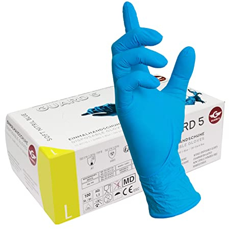 GUARD 5 - blaue Nitril Einweghandschuhe 1000 (10x100 Stück) Gr.9/L in Spenderbox - Einmalhandschuhe, Untersuchungshandschuhe, Nitril Handschuhe, puderfrei, ohne Latex