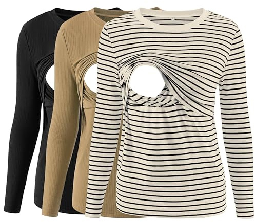 Liu & Qu Women's Nursing Tops Ribbed Long Sleeves Maternity Shirts Double Layer Breastfeeding Shirts Pregnancy Clothes 3 Pack, Black+Brown+kbsp, S