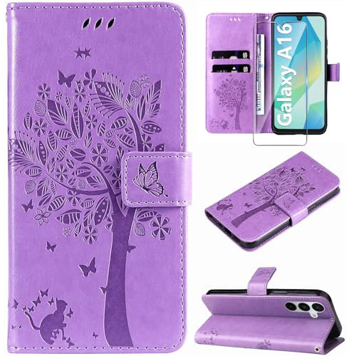 Hancda Phone Case for Samsung Galaxy A16 5G / A16 4G Leather Case with Tempered Glass Screen Protector Wallet with Card Holder Flowers Design Magnetic Case Flip Cover for Samsung A16 5G/4G,Purple