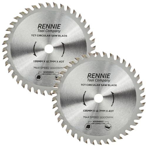 Rennie Tool 2pc 135mm x 12.7mm (10mm) Bore x 40T TCT Circular Saw Blades | Fits Bosch, Makita, Dewalt Saw Etc. 40 Teeth Circular Wood Saw Blades With 12.7mm / 1/2 Bore And 10mm Reduction Rings