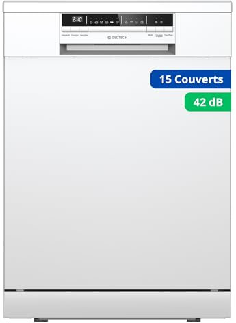 GEDTECH Lave-vaisselle GLV1542WH 15cv - Tiroir à couverts - 42 dB - Ultra silencieux - Départ Différé - Eco - Intensif - Rapide – Faible conso - Classe C - Blanc - Protection enfant
