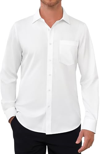 siliteelon Mens Shirts White Shirt Long Sleeve Regular Fit Shirts for Adult Stretch Dress Business Casual Wedding Work Formal with Pocket Shirt XL