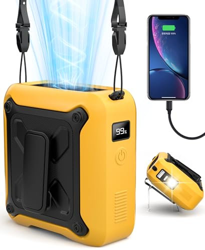 Portable Waist Fan Clip on Belt Under Shirt w/LED Display & Flashlight, 8000mAh Battery Powered, Rechargeable 5-Speed 14600RPM Personal Cooling Fan for Construction, Warehouse, Outdoor Jobsite,Yellow