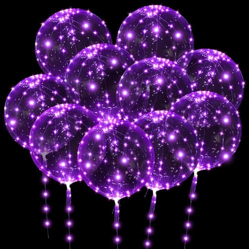 OSDUE Globos Iluminados, 10 Paquetes Luminoso Transparente Globo, 20 Pulgadas Globos LED BOBO con 3M Cadena de Luces, para Cumpleaños, Navidad, día de San Valentín, Boda (Púrpura)