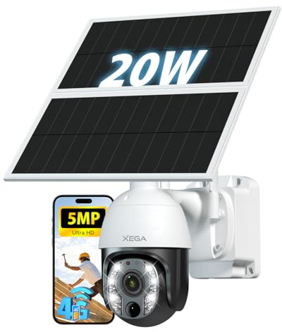 Xega 5MP【10X Zoom Optique】 4G Caméra Surveillance avec Carte SIM sans Fil | 20W Panneau Solaire 30,000mAh Batterie Camera Enregistrement Continu 24/7 Vision Nocturne 100ft Détection Humaine IP65