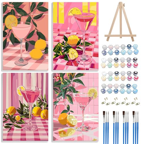 TLIOBLO 4 Pack Cocktails Paint by Numbers Kits with Frame for Adults, Fruit Lemons Painting by Number Kits On Canvas, DIY Color Oil Painting Acrylic Paints, Home Wall Decor 20x30cm