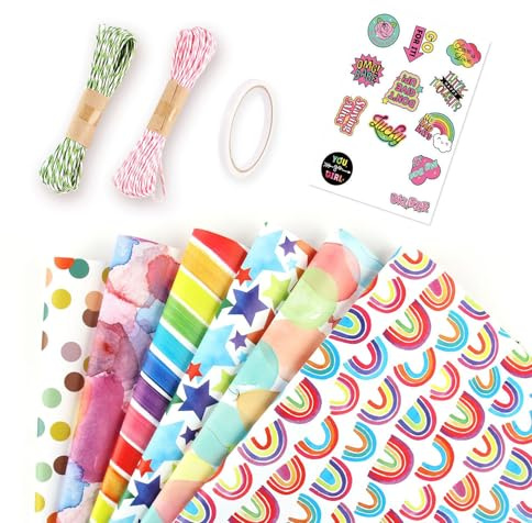 HanQZen Geschenkpapier Kinder Recycelbares Geburtstagspapier Set– 6 Blatt 50x70cm Bunt + 2 Hanfseile & 1 Cartoon-Aufkleber mit 1 Doppelklebeband für Männer/Frauen/Mädchen/Junge/Baby Geschenkverpackung