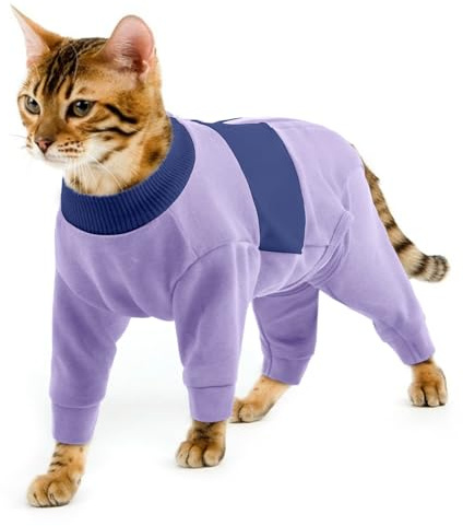 Katzen Klamotten, Baumwolle Schlafanzug Katze Jumpsuit Onesie Wintermantel Jacke Angst Lindern Einfaches An- Und Ausziehen(Lila, M)